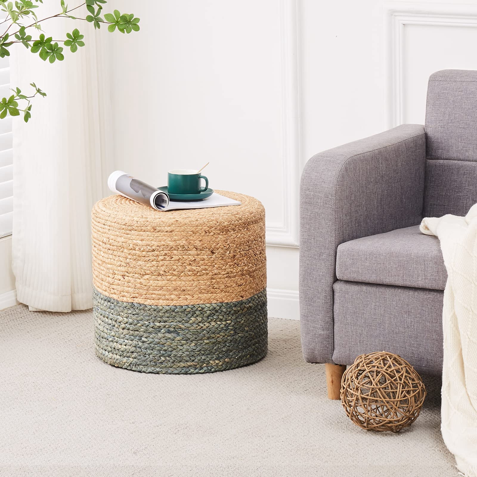 Handwoven Cattail Pouf Ottoman, Lightweight Durable Natural Jute Footrest, Versatile Vanity Stool Shoe Bench for Balcony Garden Living Room