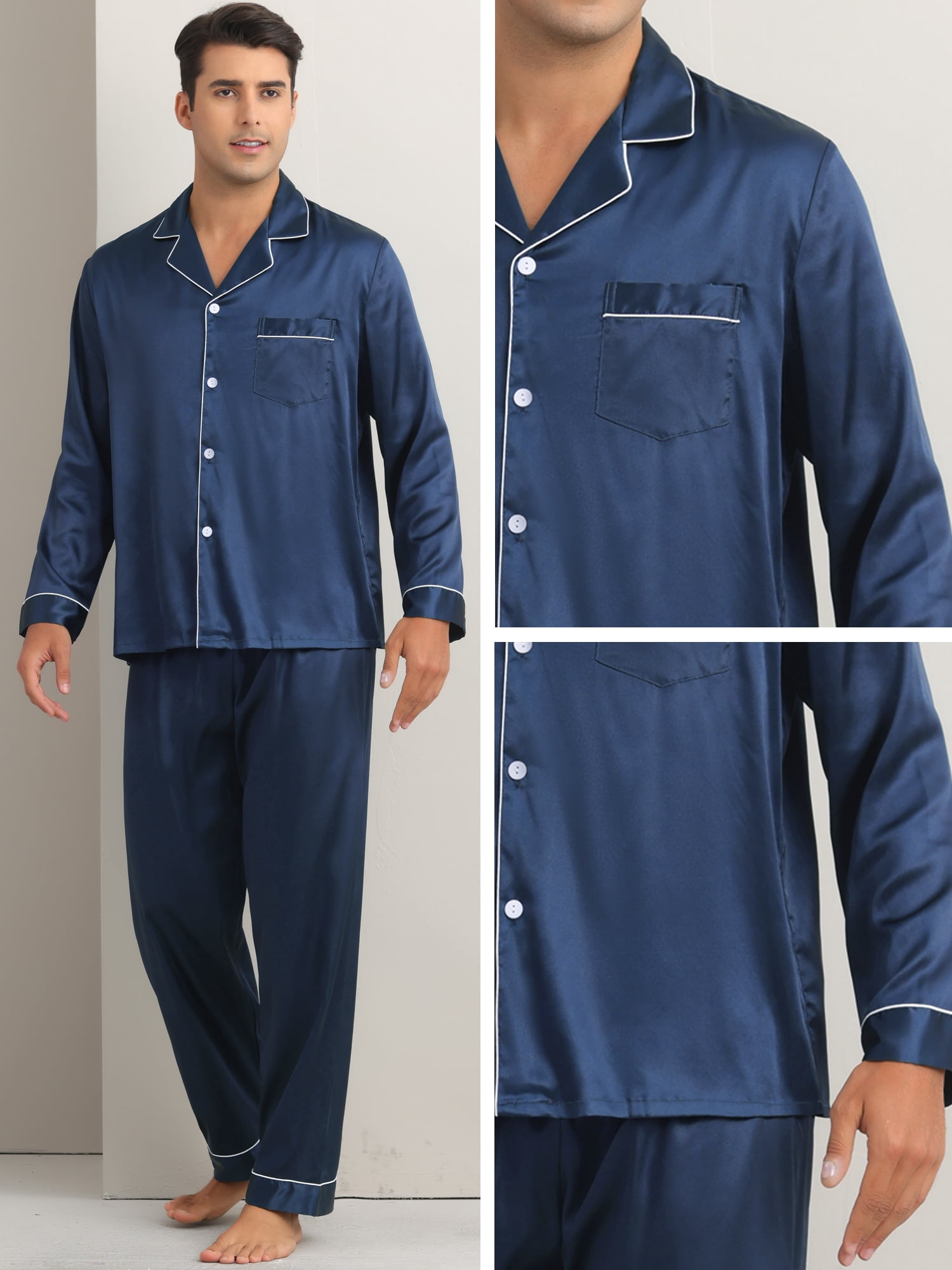 DARING DIVA Men's 2-Piece Homewear Button Down Long Sleeve Shirt L Navy Blue