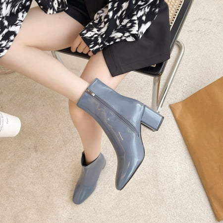 

HAOTAGS Women s Chunky Block Heels Ankle Booties Side Zip Square Toe Casual Dressy Shoes Blue Size 6