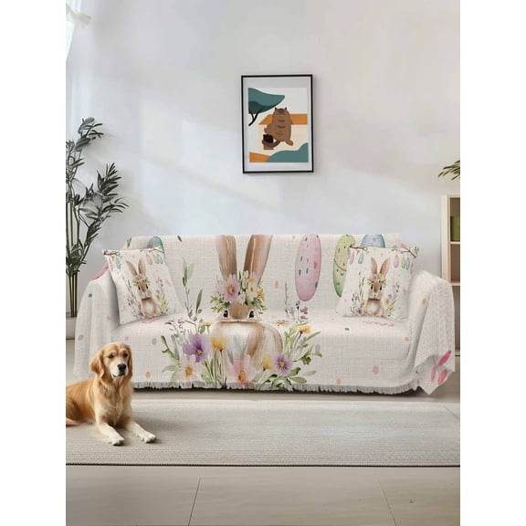 Bunny Easter Couch Cover, Colorful Eggs Spring Floral Rustic Sofa Cover Blanket for Loveseat Couches, Sectional Sofa Slipcover Furniture Protector for Living Room Bedroom 71''x118''