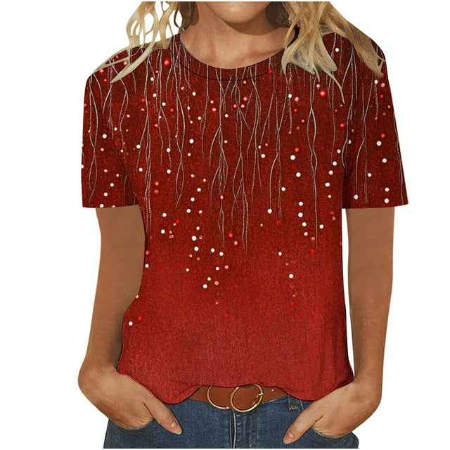 Staron Liquidation Hauts d'Été pour Femmes Chic Décontracté Manches Courtes Blouses à Imprimé Floral Col Rond T-Shirts Basiques de Bureau Hauts d'Été Vin TTTG