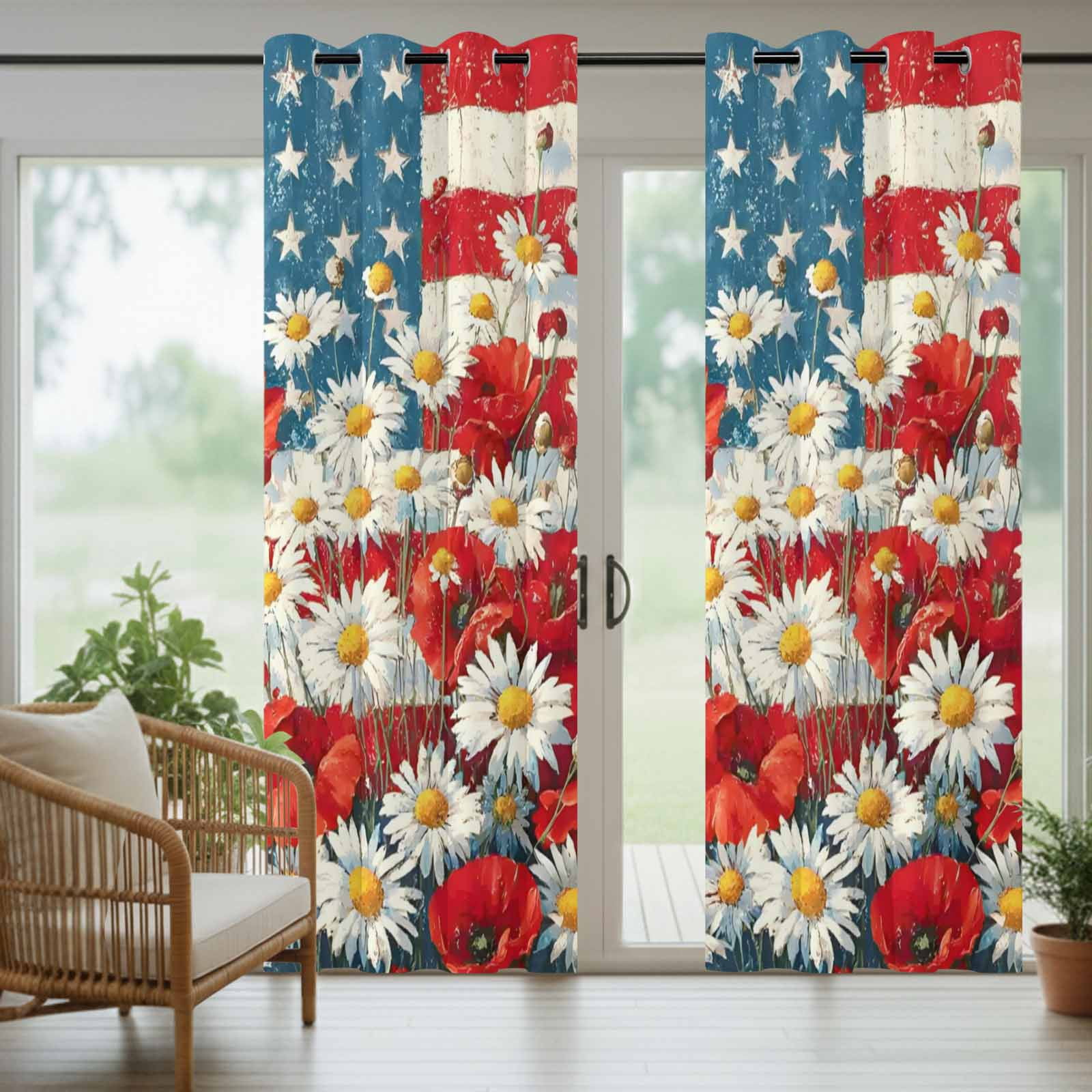 Independence Day Daisy Outdoor Curtains for Patio, Vintage Red Blue Stripe U.S. Flag Flower Leaf Sunshade Privacy Drapes Grommet Waterproof Outside Curtains for Porch/Cabana/Balcony 54"x108", 1 Panel