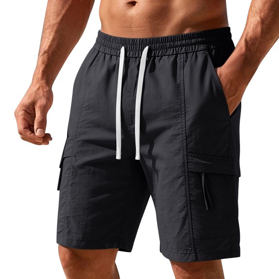 Npasoilc Cargo Shorts for Men Solid Color Elastic Waist Drawstring Knee Length Short Pants Fitness Training Shorts with Multi-Pocket