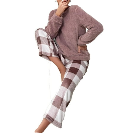 

2pcs Set Casual Plaid Round Neck PJ Pant Sets Long Sleeve Mauve Purple Women s Pajama Sets (Women s)