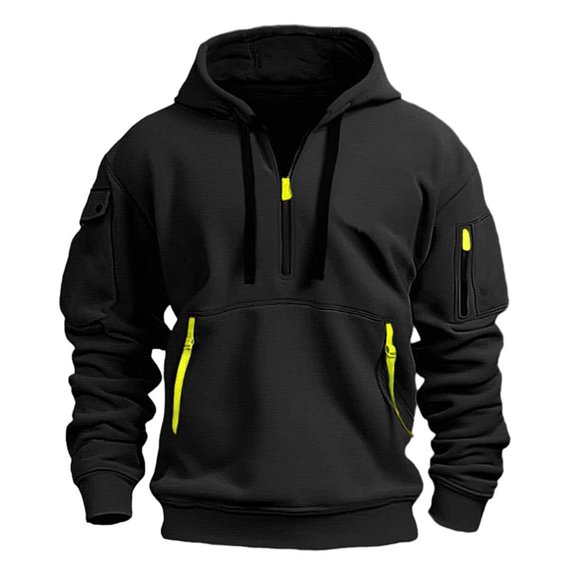 WREESH Men's Winter Cargo Hoodie Quarter Zip Pullover Tactical Athletic Hooded Sweatshirt for Hiking Outdoor Black