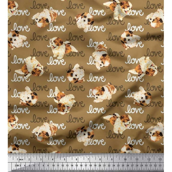 Soimoi Viscose Chiffon Fabric Love Text & Puppies Dog Print Fabric by the Yard 42 Inch Wide