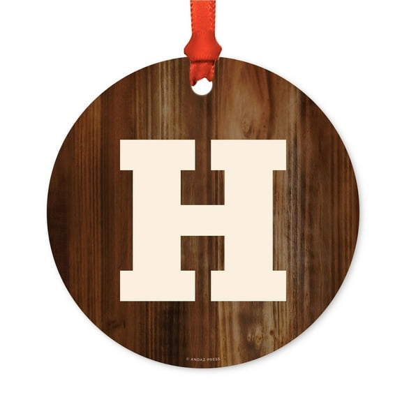 Metal Christmas Ornament, Monogram Letter H, Rustic Wood, Includes Ribbon and Gift Bag