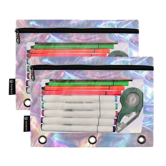 Ckdifva Colorful Hologram Pencil Pouch 3 Ring Zipper Pencil Case Binder Pockets Clear Top Cosmetic Bag 2 Pack