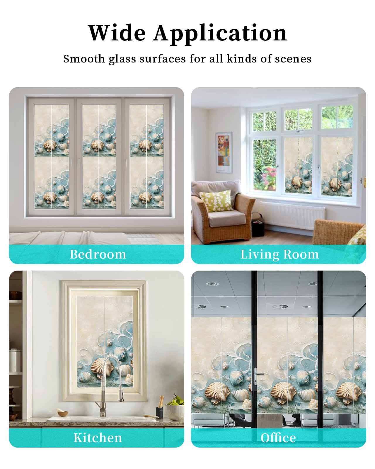 Window Privacy Film Coastal Shell Stained Glass Window Film Decorative Sun Block Window Cover Summer Beach Nautical Seaside Window Clings Static Adhesive Sticker for Bathroom 23.6"x59"
