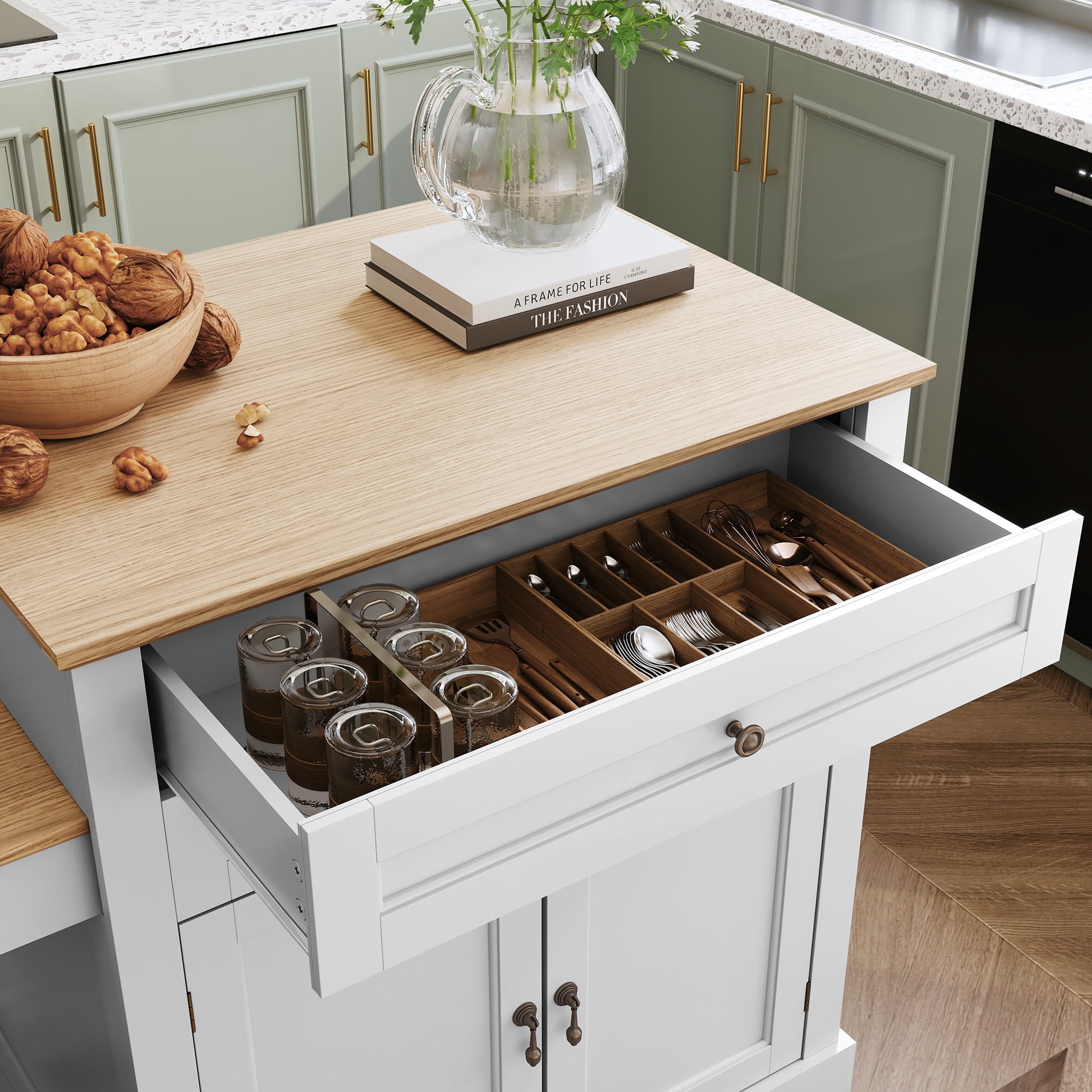 HLR 78.74" Mid-Century Extendable Kitchen Islands on Wheels with Roman column legs, Dining Table Cart with Storage, White