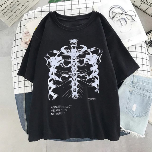 Camiseta divertida para mujer, ropa de calle de manga corta, Tops de gran tamaño con estampado de calavera oscura, huesos, corazón y pulmón, Harajuku