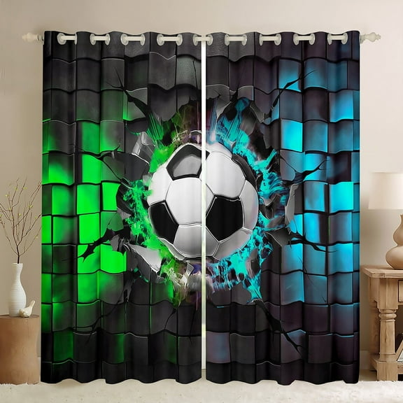 Erosebridal Sport Soccer Curtains for Living Room (38Wx45L),Geometric Buffalo 30%-50% Blackout Curtains Set of 2 (38x45),Green Blue Curtains and Drapes,Ball Gamer Room Decoration