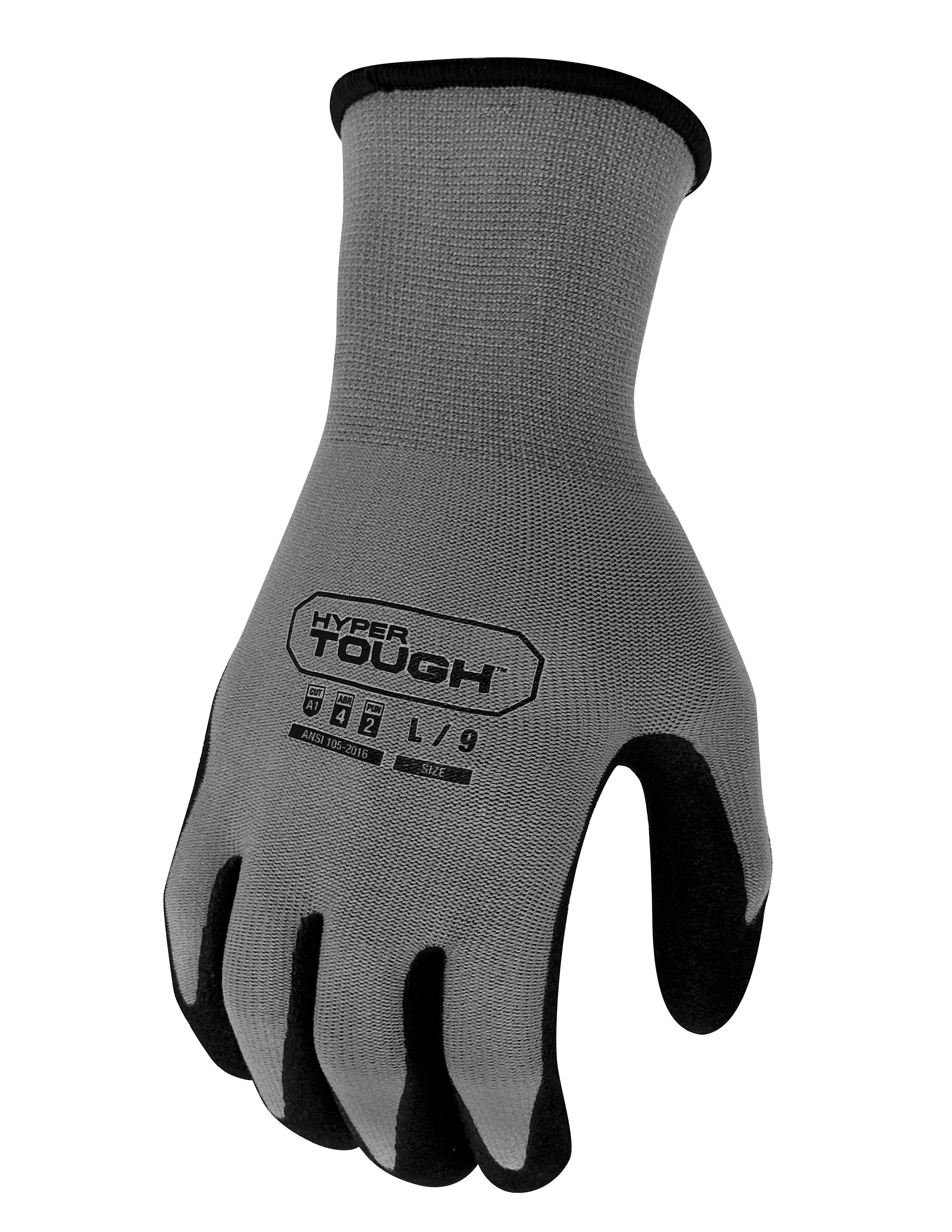 Hyper Tough Performance Grip Gloves, ANSI, Nitrile, Nylon, Spandex, Gray, Large