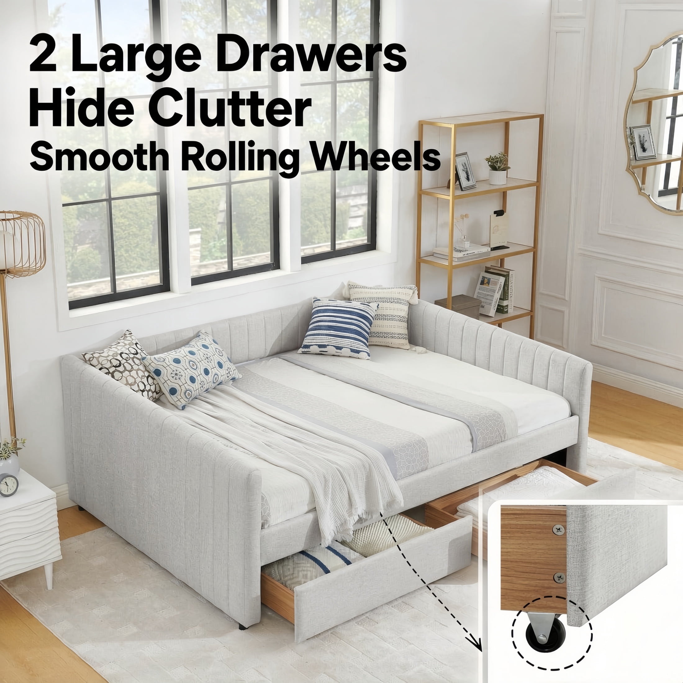Queen Size Linen Storage Daybed with Trundle & Drawers, Upholstered Sofa Platform Bed Frame with Vertical Stripes Backrest
