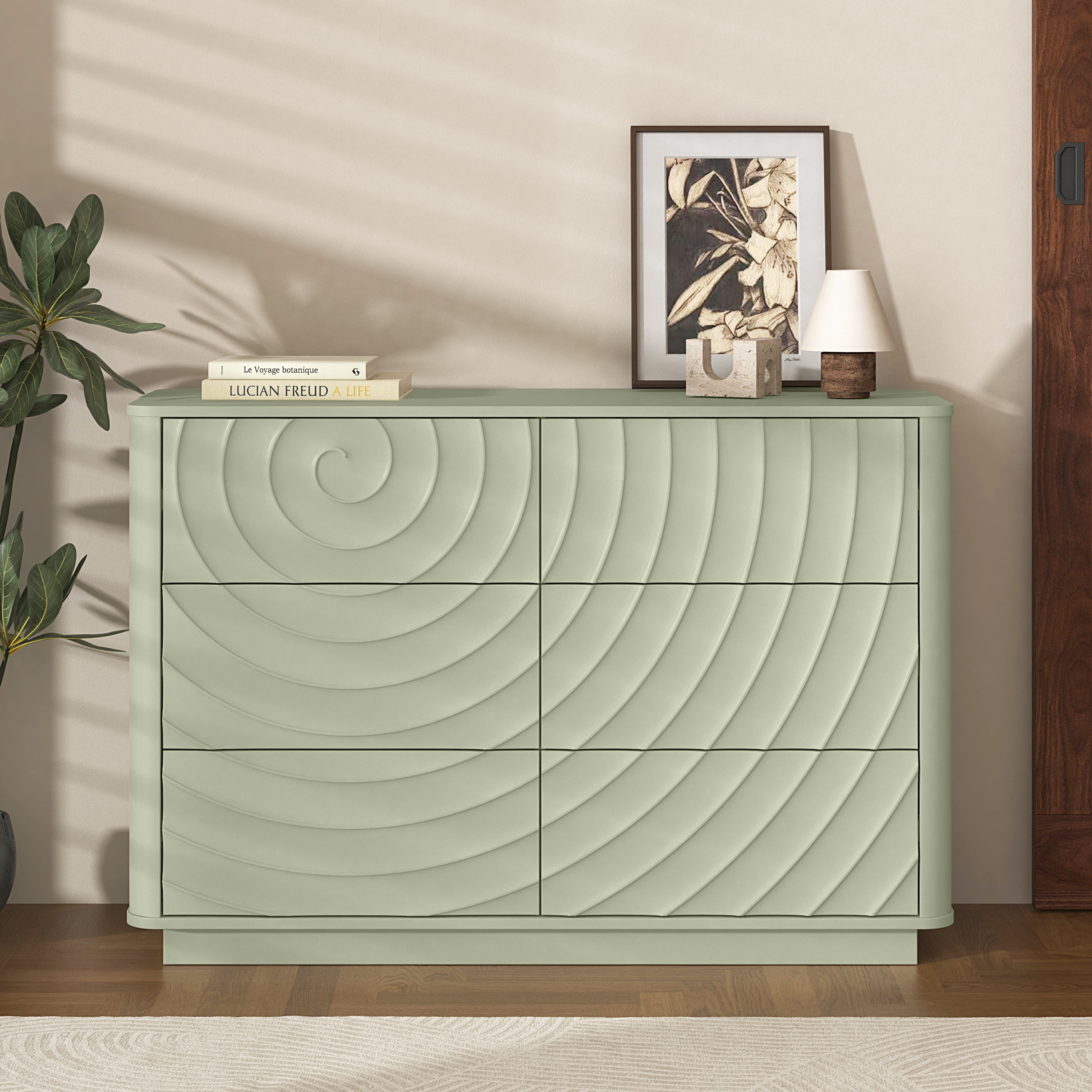 6 Drawer Dresser for Bedroom, 46.5" Wide Modern Large Chest of Drawers with Handle Free & Ripple Design,Wooden Clothes Storage Organizer for Closet, Nursery, Living Room, Apartment, Sage Green
