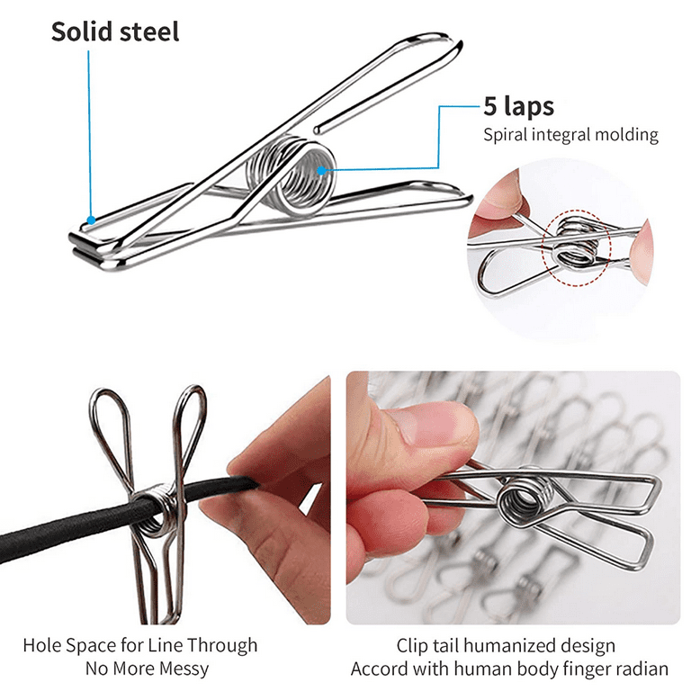 Rainfearless 25 Pack Stainless Steel Small Clothes Pins Durable Clothes Pegs Multi-Purpose Metal Wire Utility Clips for Laundry Home Kitchen Outdoor Travel Office