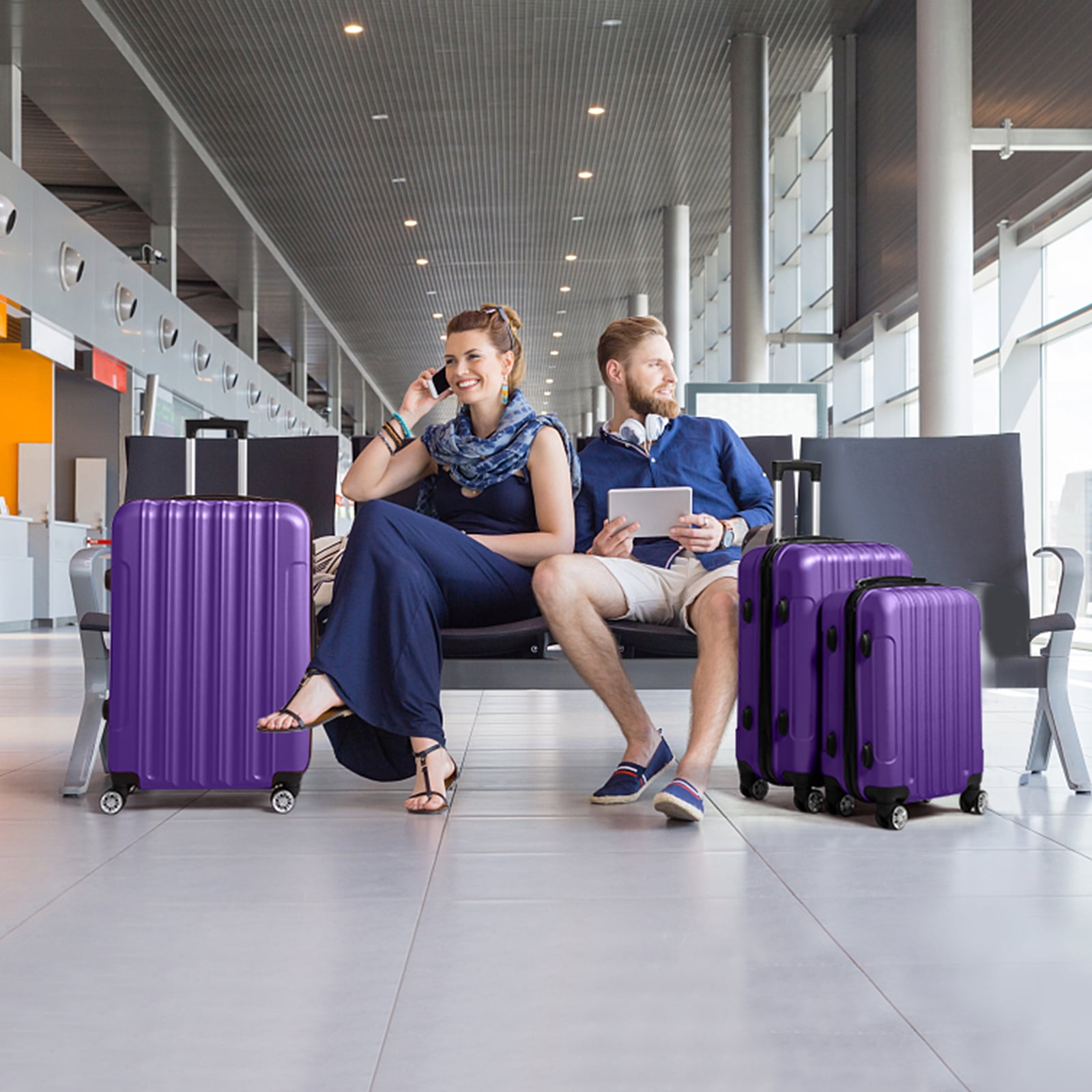 UBesGoo 3PCS Purple Luggage Travel Set Bag ABS Trolley Hard Shell Suitcase w/TSA lock，Carry-On, with Wheels