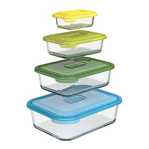 Joseph Joseph 81064 Nest Glass Food Storage Container and Bakeware Set with Lids Oven Proof Freezer Microwave Dishwasher Safe, 8-Piece, Multicolored