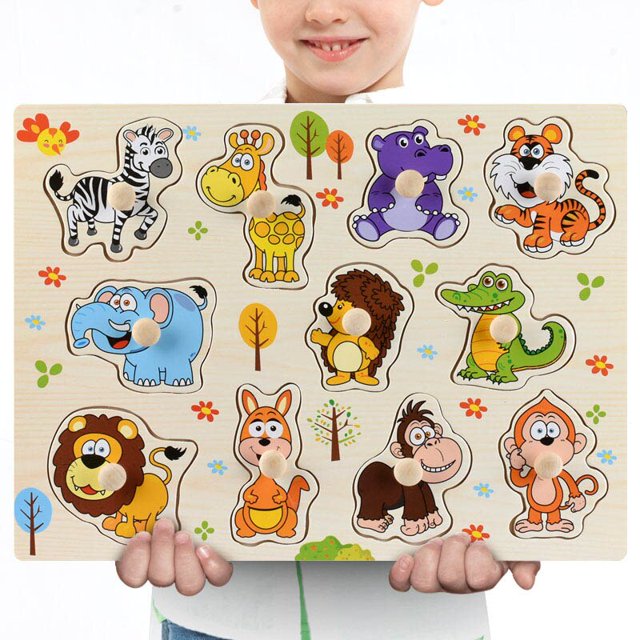 Rompecabezas de madera Montessori para bebé con dibujos animados, Tabla de madera con elementos de agarre manual, con dibujos de animales, vehículos, frutas, regalo para niño