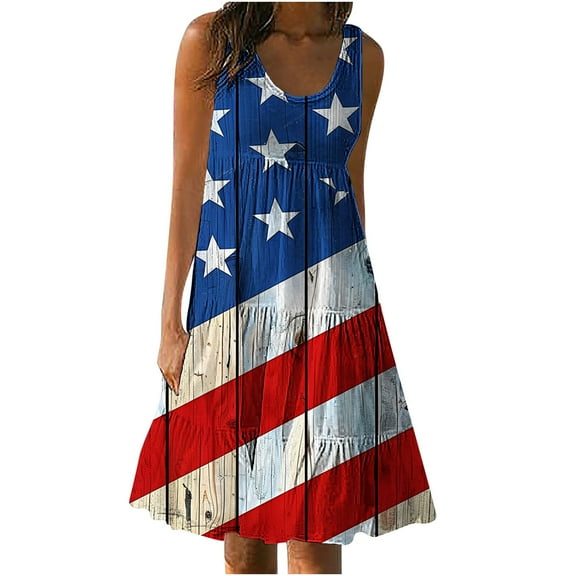 Women's Summer Print Casual Loose Pleated Sleevless Crew Neck Dress,American Flag Star Vertical Striped Ruffled Dress Womens 4Th of July Patriotic Dresses Casual Color Block Dress