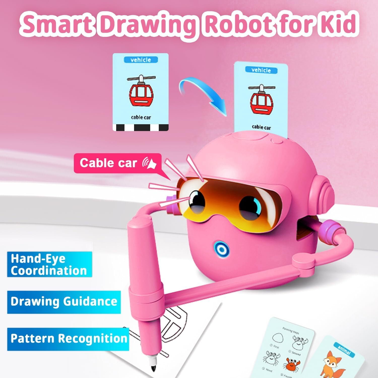 Drawing Robot for Kids, with 100 Word Cards, Voice Interactive Educational Drawing Machine, Montessori Painting Learning Toys for 3-8 Year Old Boys Girls Birthday Party,Pink