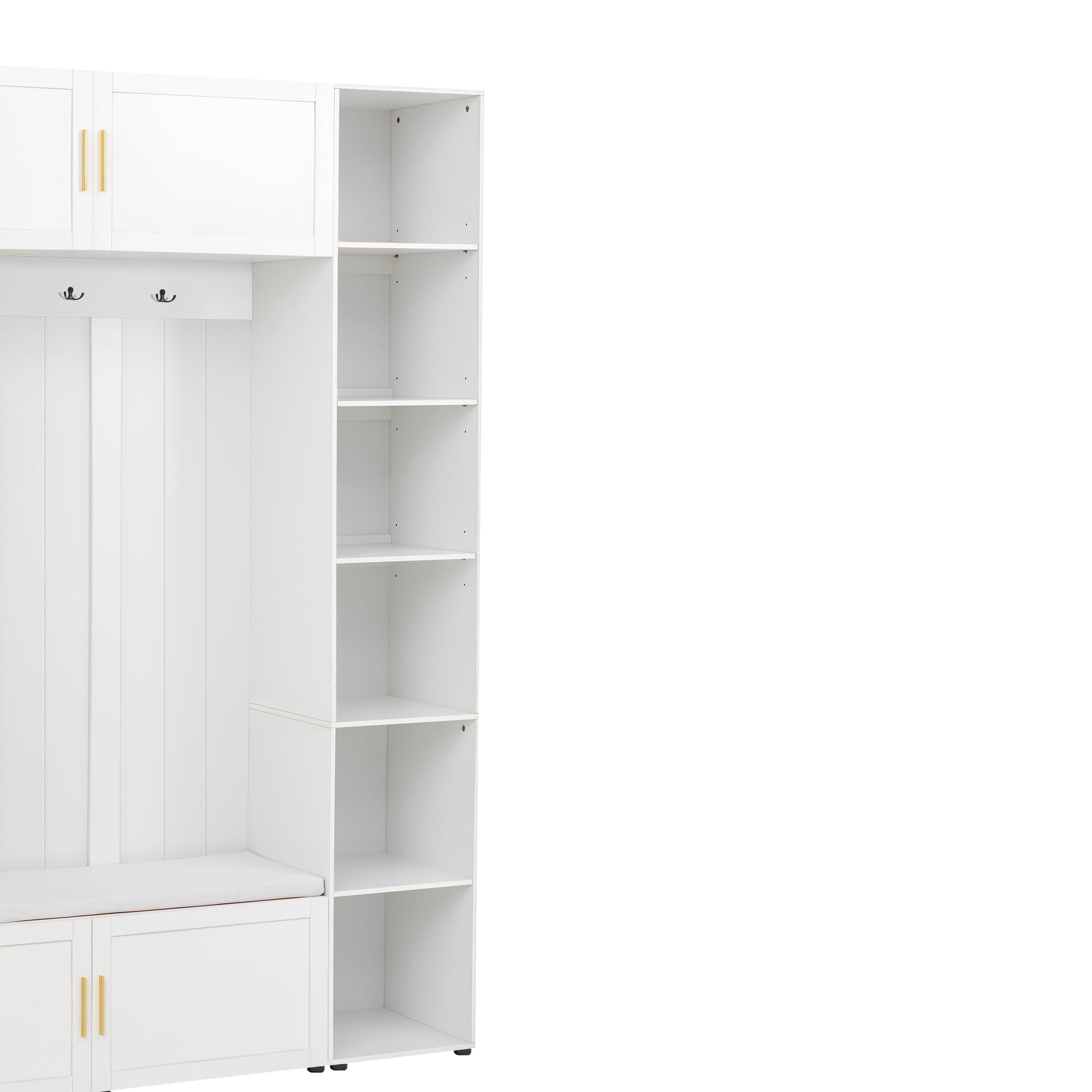 T-Foyer Modern White 4-in-1 Hall Tree with 4 Hooks, Padded Bench & Cabinets, Wooden Rustic Entryway Organizer with Open Storage & 3 Drawers
