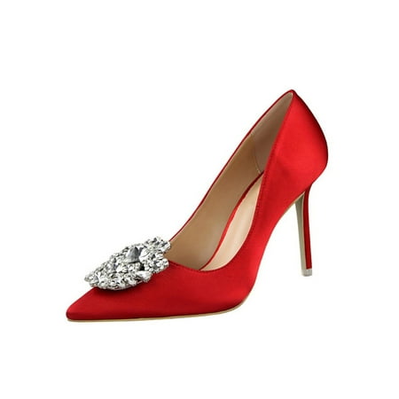 

Woobling Ladies Dress Pump Pointy Toe Stiletto Heels High Heel Pumps Womens Shoes Satin Heeled Sandals Rhinestone Lightweight Red 6.5