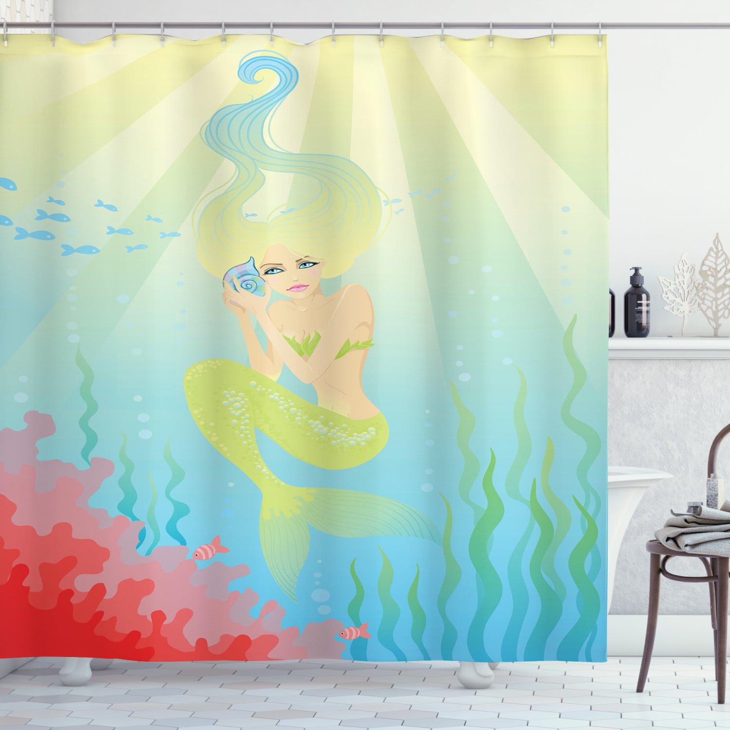Underwater World Mermaid Gnomes Fish Scales Shower Curtain Set Bathroom Decor 