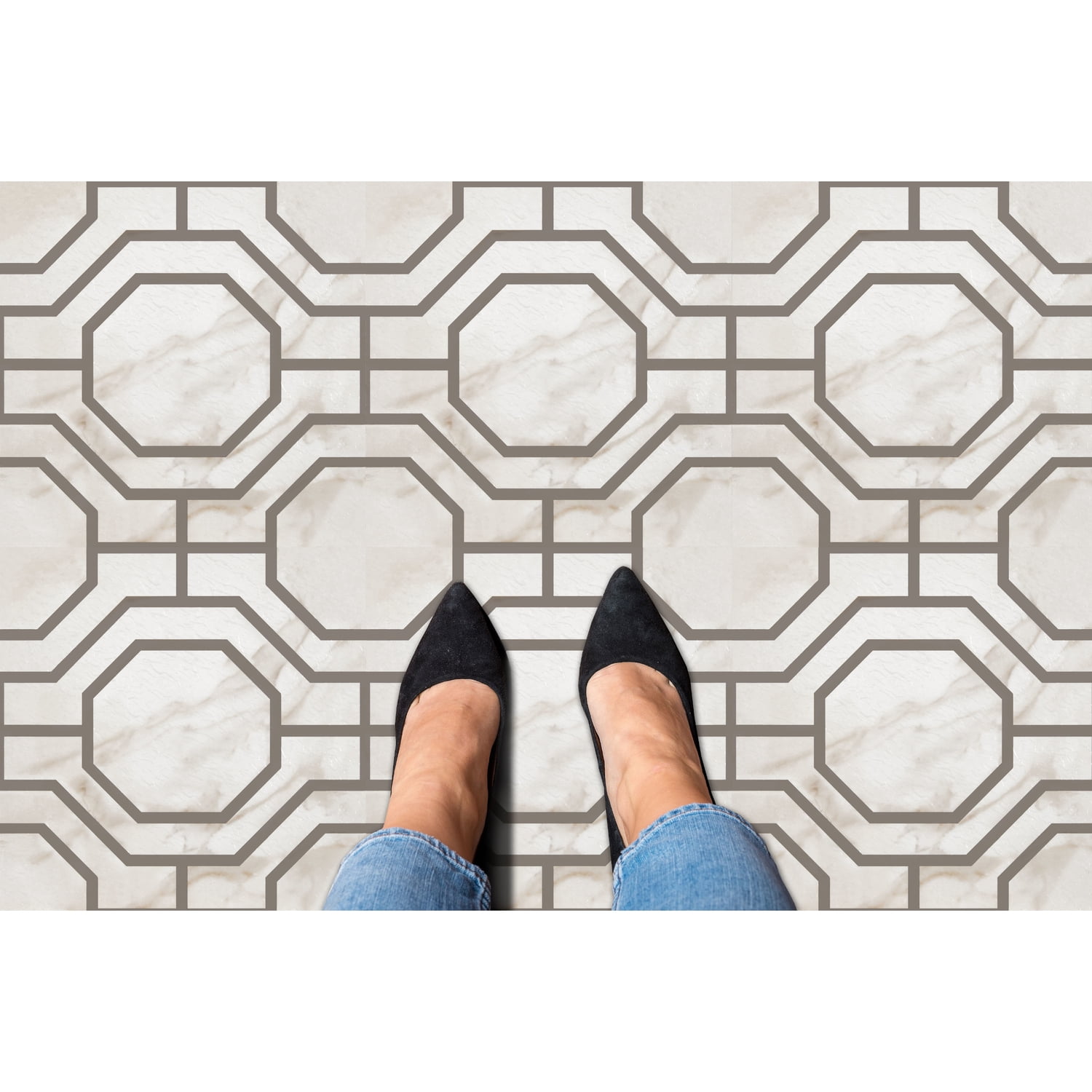 Homestock Vintage Vogue Self Adhesive 12-Inch Vinyl Floor Tiles, 20 Tiles - 12" X 12", Marble Octagon Pattern - Peel & Stick, Diy Flooring For Kitchen, Dining Room, Marble Octagon Style