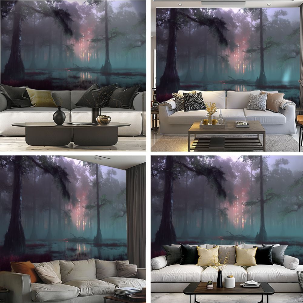 Peel and Stick Wallpaper Dark mystical forest swamp foggy dawn dusk Modern Art Wall Mural Decor Self Adhesive and Removable 69in x 98in