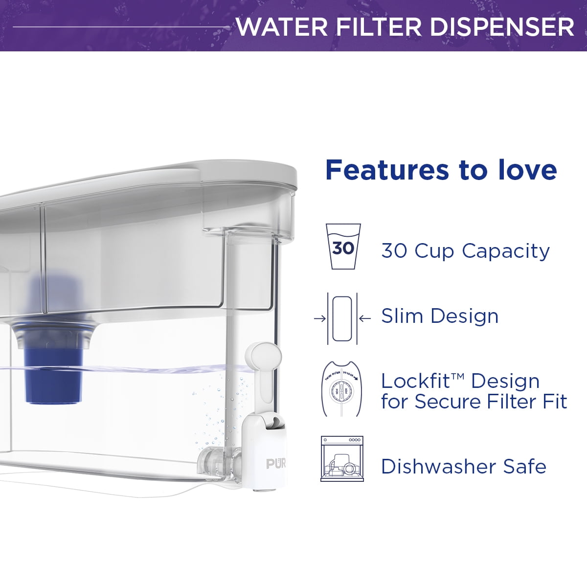 PUR 30-Cup Water Filter Dispenser System, W 15.3" x H 10.1" x L 5.3", Pearl, DS1800IA