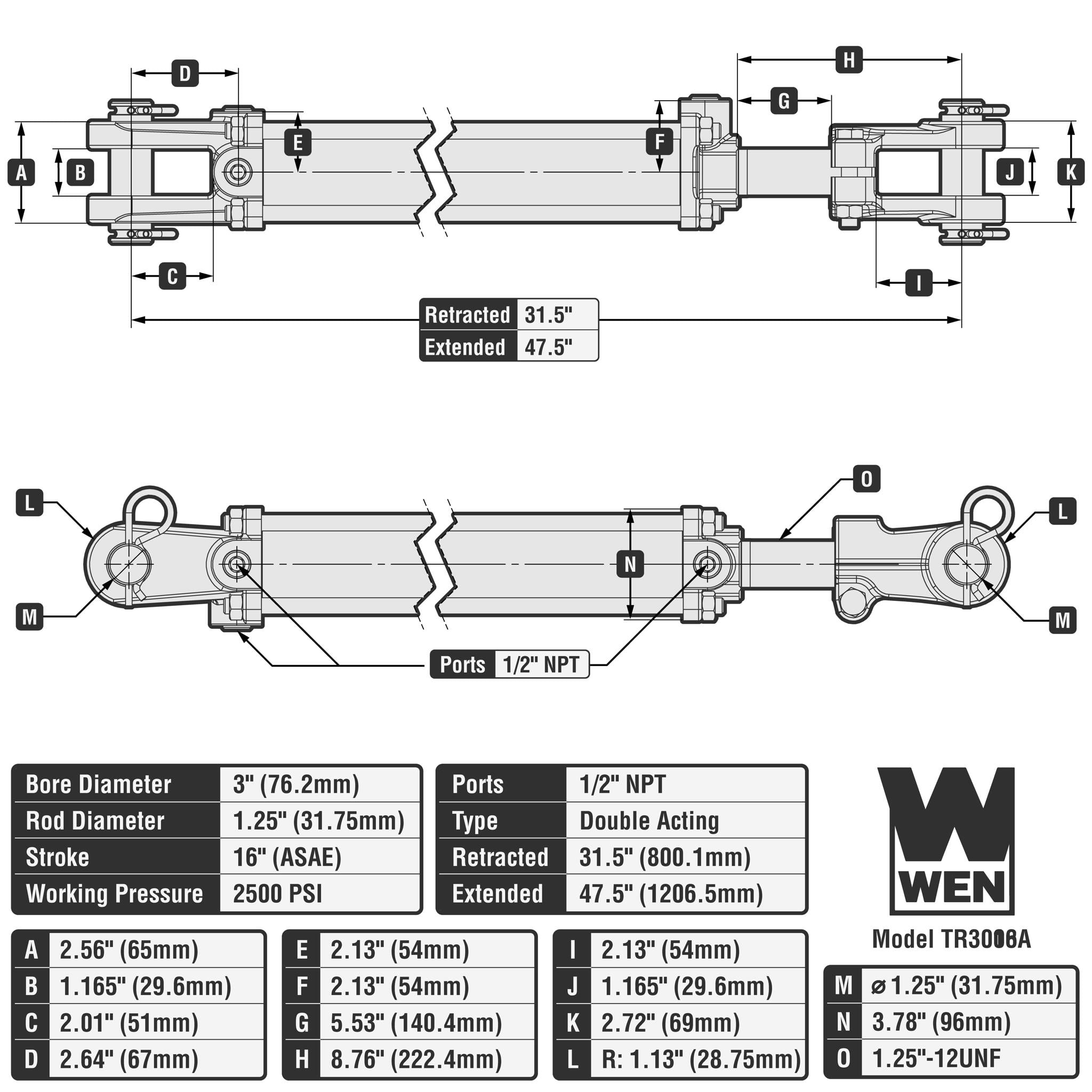 WEN 2500 PSI ASAE Tie Rod Hydraulic Cylinder with 3 in. Bore and 16 in. Stroke (TR-3016A)