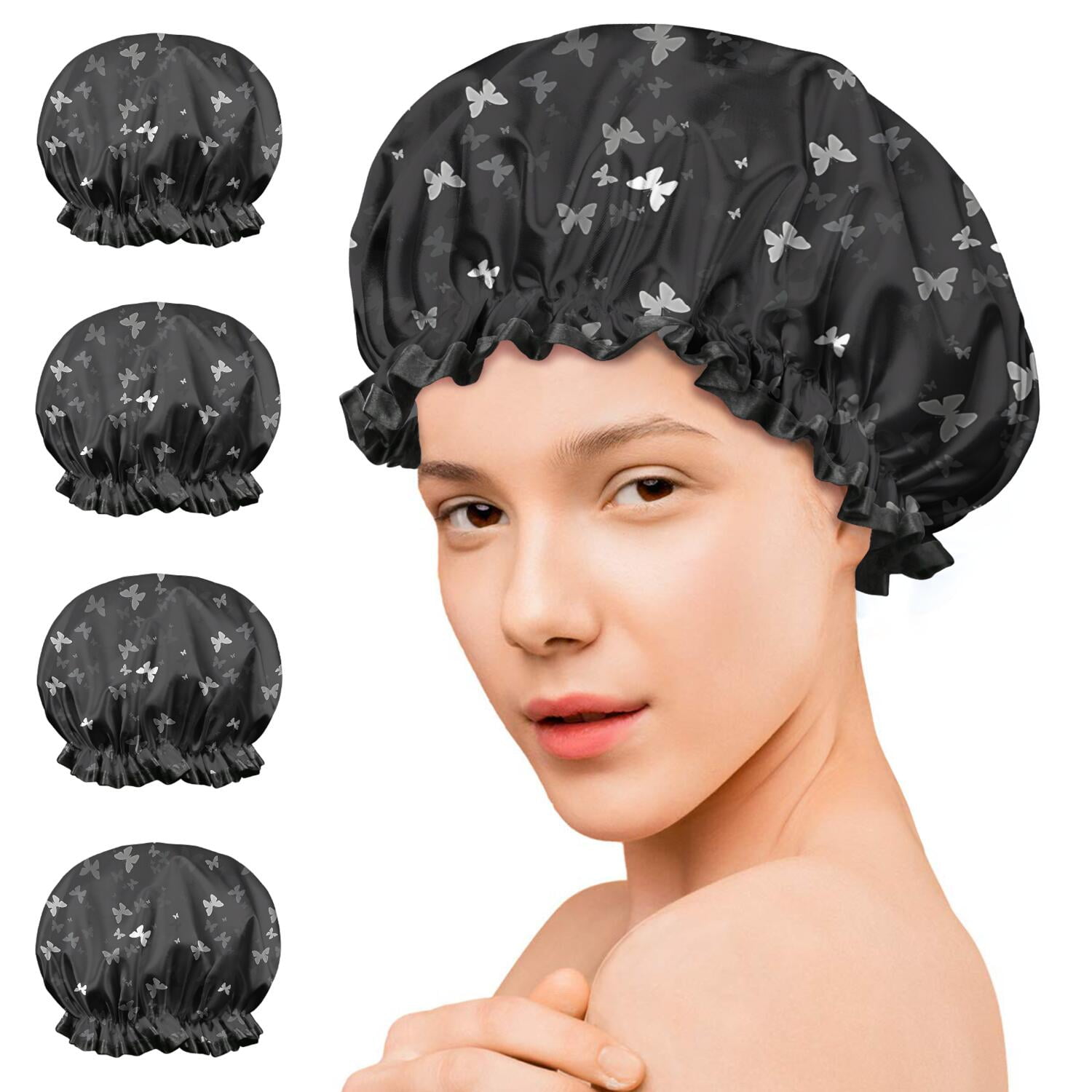 Shower Caps,Black Gray Butterfly Pattern Waterproof Shower Cap for Women 4 Pieces,Double Reusable Hair Cover for Shower PEVA Elastic Stretch Hem