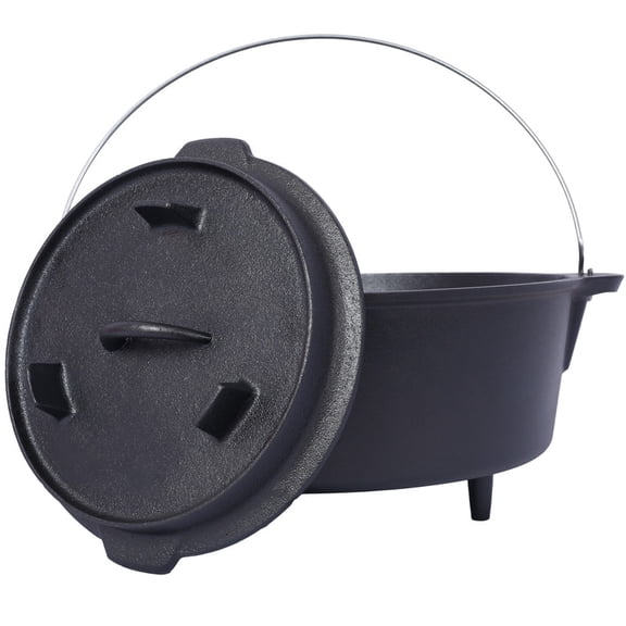 6 qt. Round Pre-Seasoned Cast Iron Dutch Oven in Black with Skillet Lid and Leg Base for Camping Fireplace Cooking BBQ