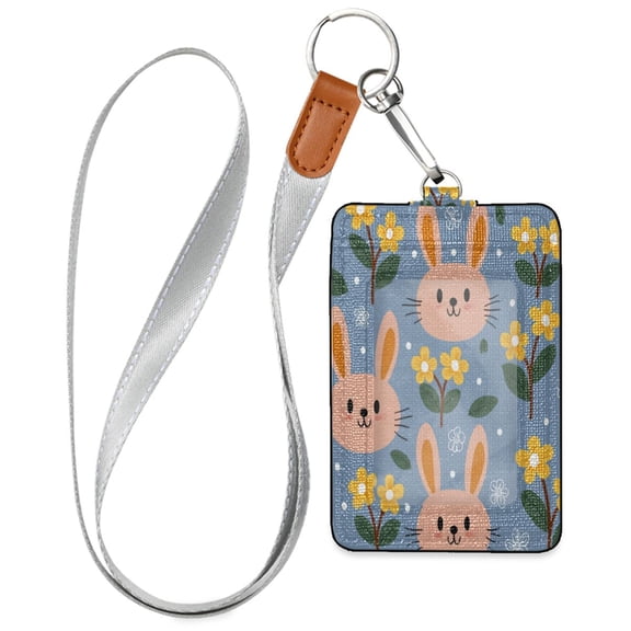 PU Leather Badge Holder Lightweight ID Card Holder with Window Pocket Rabbit and Little Yellow Flower