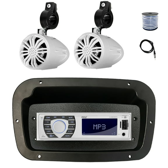 Pyle PLRMR23BTW Single DIN Bluetooth Marine MP3 Stereo Receiver, Spa bezel, Adapter Plate, 22" Radio Antenna, Wire, 2x 2.25" 10W Max Full Range Waterproof Off-Road Audio Speakers (White)