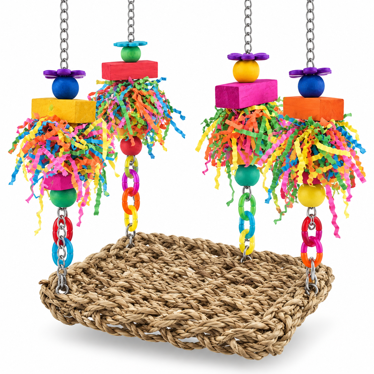 Bird Seagrass Swing Mat with Colorful Chew Toys, 6 x 6-Inch Parrot Climbing Hammock for Parakeets, Cockatiels, Conures, Lovebirds and Budgies