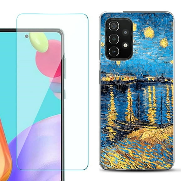 Slim-Fit Flexible Gel TPU Phone Case compatible with Samsung Galaxy A52 5G, with Tempered Glass Screen Protector, by OneToughShield ® - Starry Night Rhone