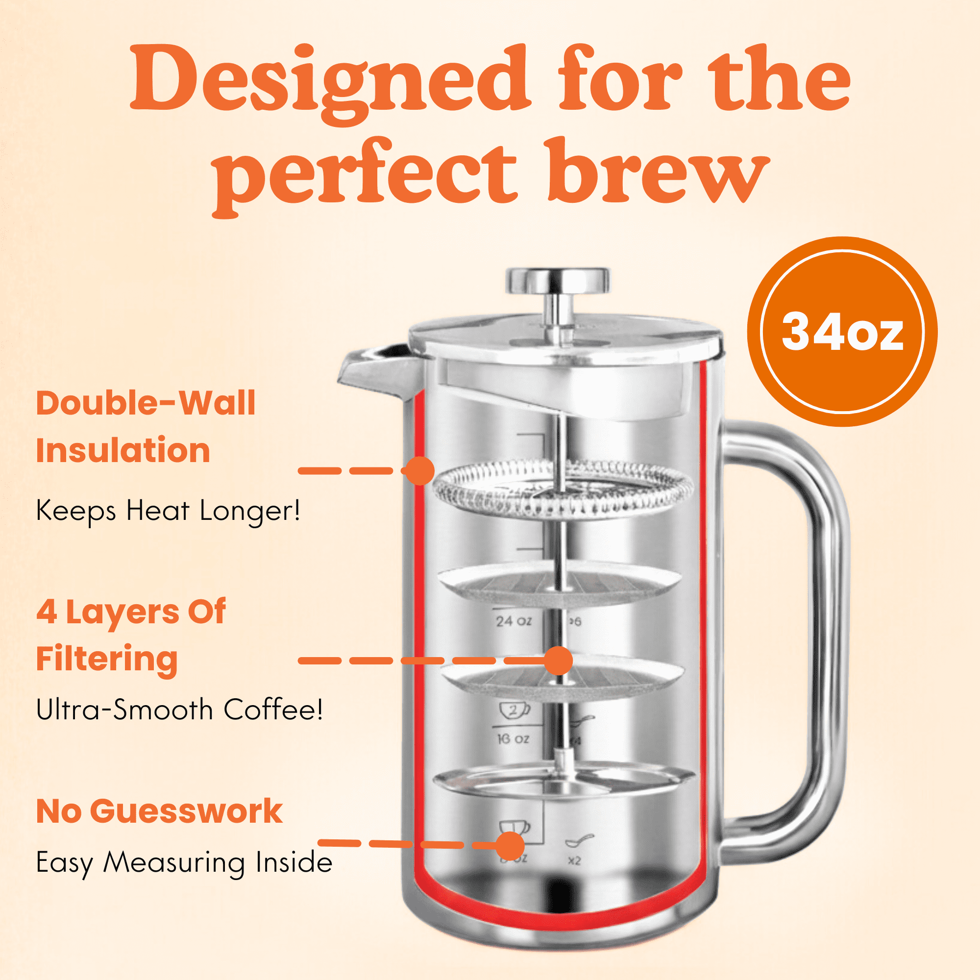 Ziruma French Press Coffee Maker: Non-Toxic Surgical 316 Stainless Steel, Plastic-Free, 34 Oz