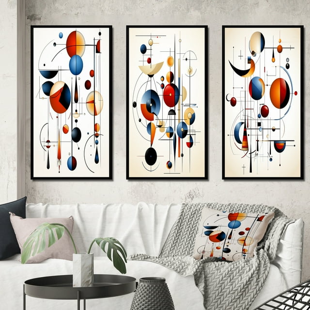 Designart "Minimal Geometry Mystery Source Codes IV" Modern Geometric Framed Wall Art Set Of 3 - White Abstract Frame Canvas Set For Living Room Decor