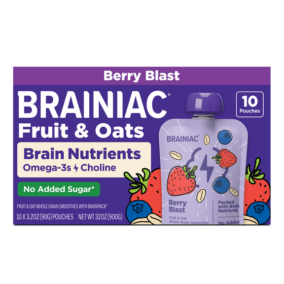 Brainiac Brain Squeezers Fruit & Oat with Omega-3s, Berry Blast, No Sugar Added, 3.2 oz, 10 pack