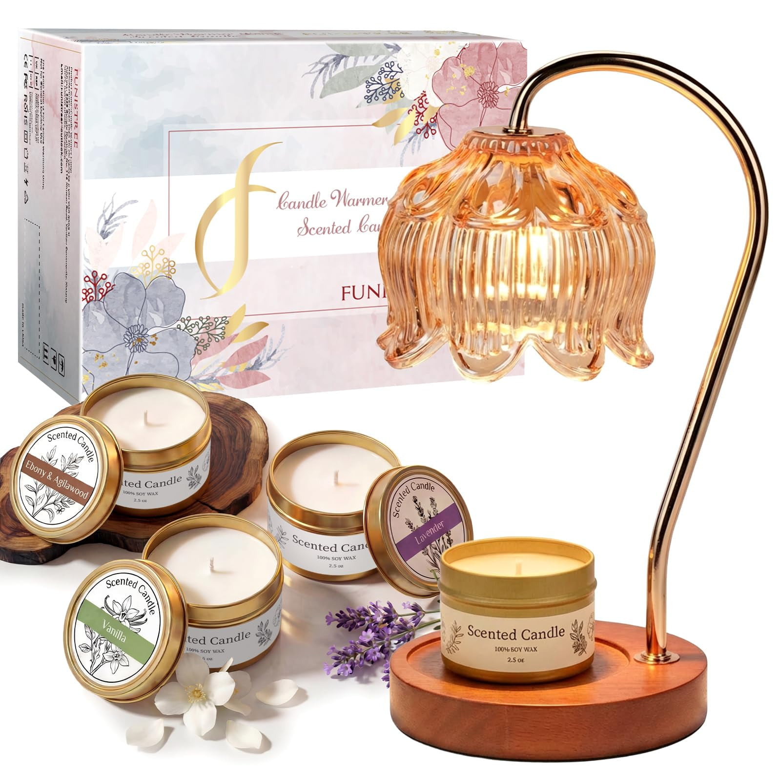 Funistree Candle Warmer Lamp Gift Set with 3 Jar Candles & Gift Box, Gifts for Mothers Day Women Mom Wife, Mom Sister Friend Gift, Lavender, Vanilla, Ebony, 2 Bulbs