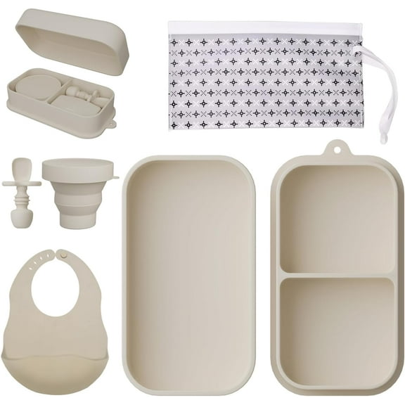 Travel Silicone Baby Feeding Set Portable Toddler Feeding Supplies Toddler Plates and Bowls Set Baby plates with Suction With spoon and cup, bib and waterproof storage bag