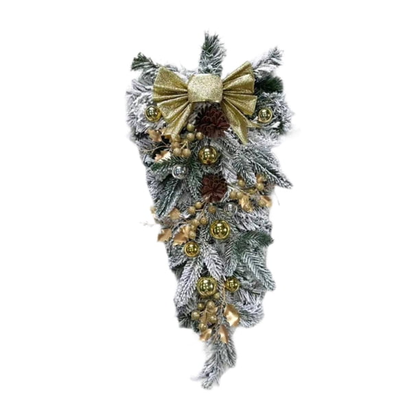 Corona navideña nevada para puerta de entrada, corona de invierno decorada con guirnalda de bolas de lazo