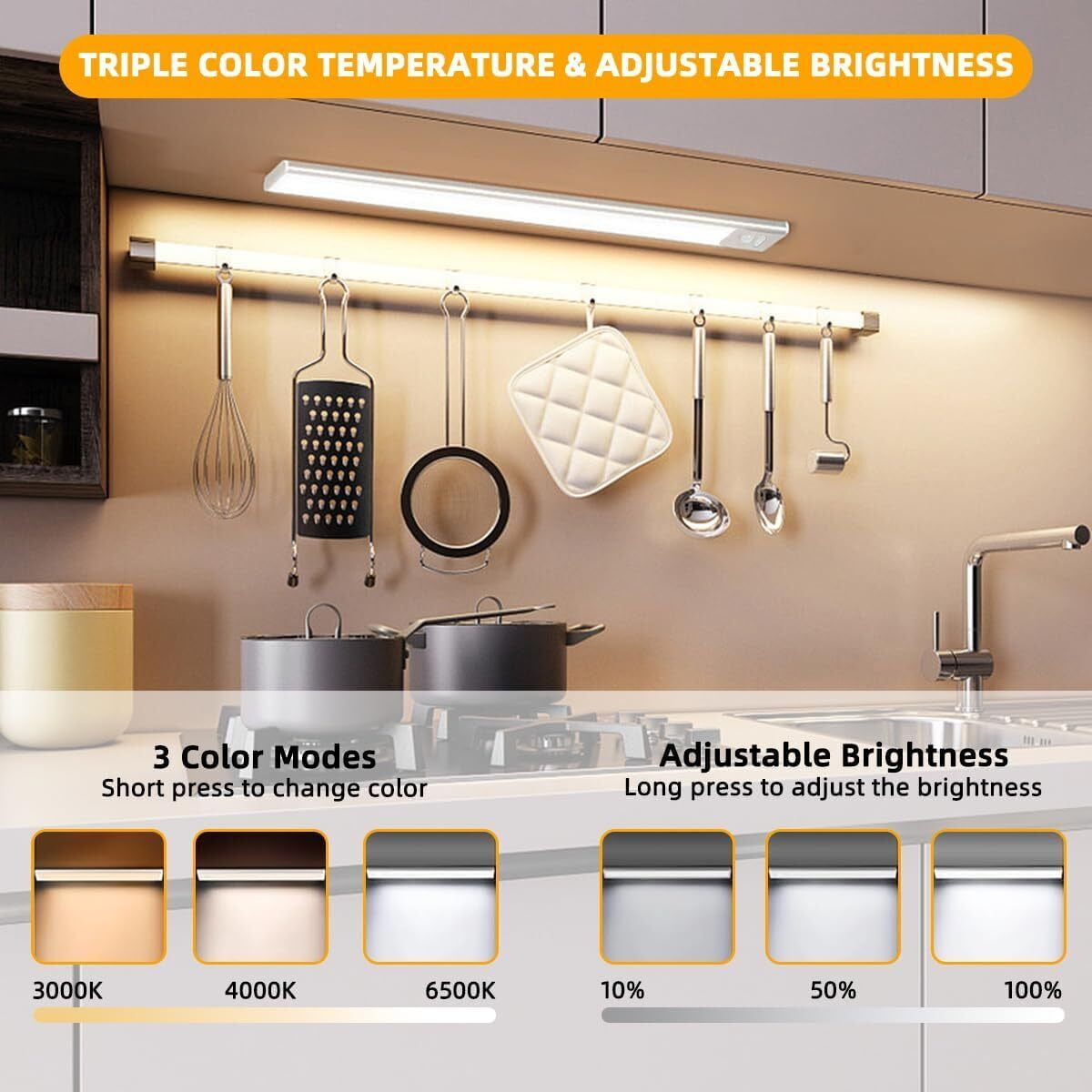 2 Pack Motion Sensor Under Cabinet Lights Indoor 16 Inch Rechargeable Under Cabinet Lighting Lights for Kitchen, Battery Powered 80 LED Stair Wall Closet Light Wireless Indoor - Silver