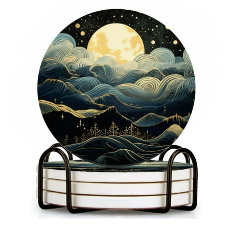 

BaHomeck Drink Coasters Set of 4 with Holder rolling hills under the moonlight Water Absorbent Ceramic Coasters Tabletop Protection Suitable for Various Cup Home Decor