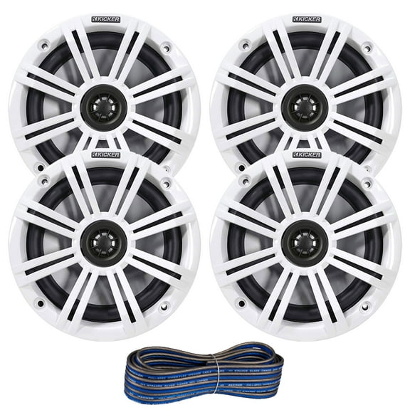 2 Pair (QTY 4) of Kicker 6.5" 2-Way 195 Watts Max Power Coaxial Marine Audio Speakers with White Grilles, 50-Feet 16 Gauge Speaker Wire