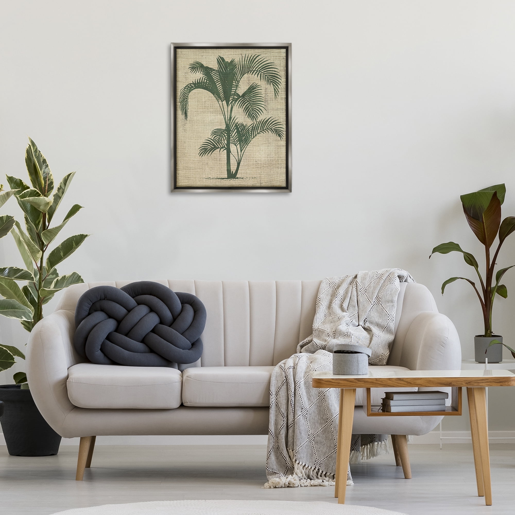 Stupell Industries Palm on Woven Pattern Plants & Flowers Painting Gray Floater Framed Canvas Art Print Wall Art, 25 x 31