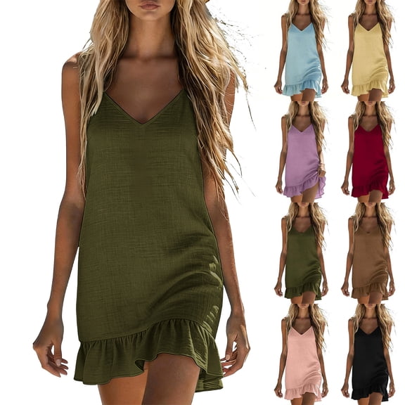 Summer Sundresses for Women 2025 Plus Size Comfort Solid Color Pocket Sleeveless V-Neck Dress