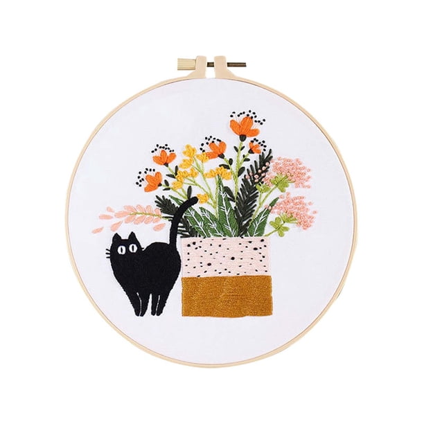 Kit de Bordado de Gato para Principiantes Kit de Bordado a Mano Floral Botánico Moderno con Patrones
